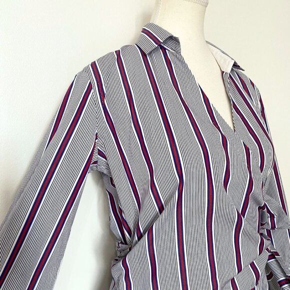 LE SARTE PETTEGOLE 100% COTTON WHITE BLUE RED STRIPED WRAP SHIRT DRESS - XS (40) - Picture 5 of 12